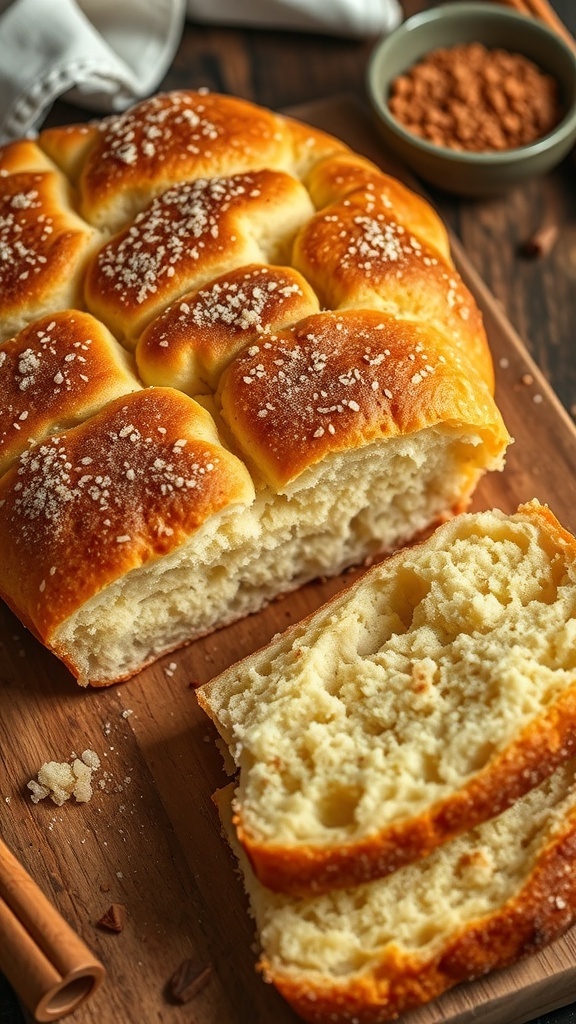 Golden brown cinnamon sugar focaccia bread sliced, with a bowl of cinnamon and sugar on a rustic table.